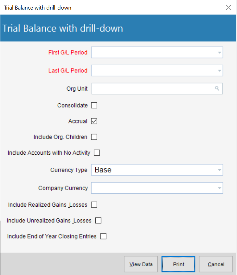 Trial Balance with drill-down